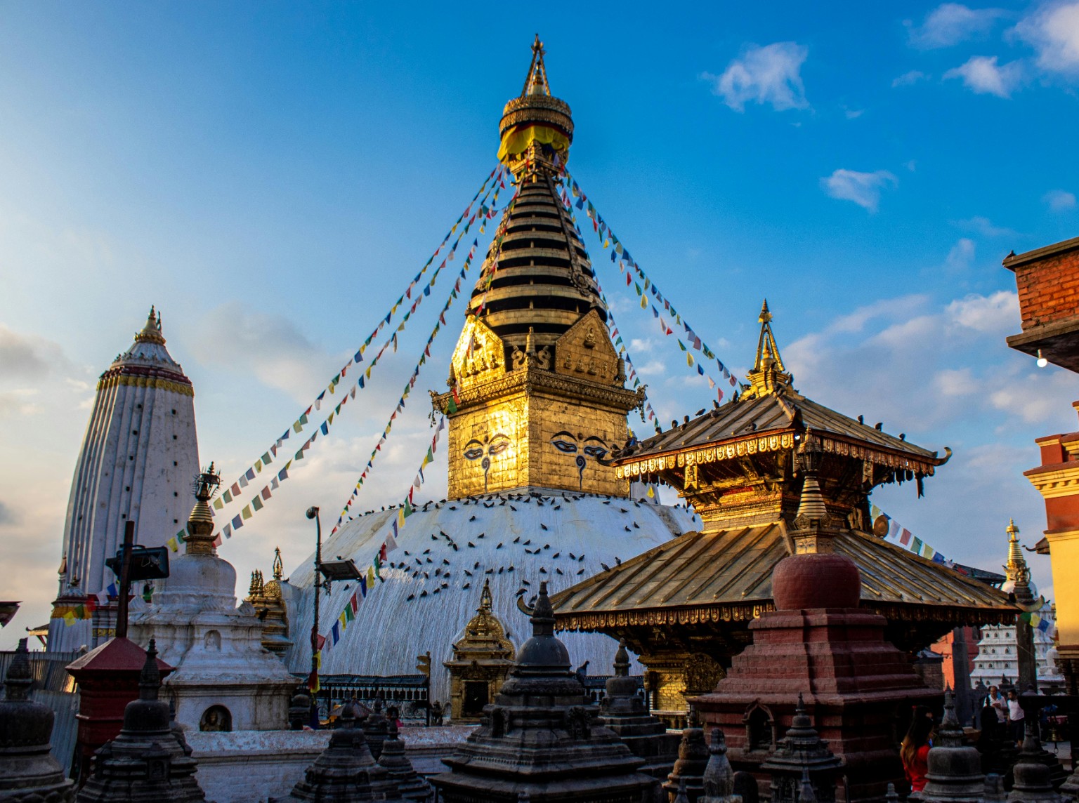 Golden stupa in Kathmandu with prayer flags